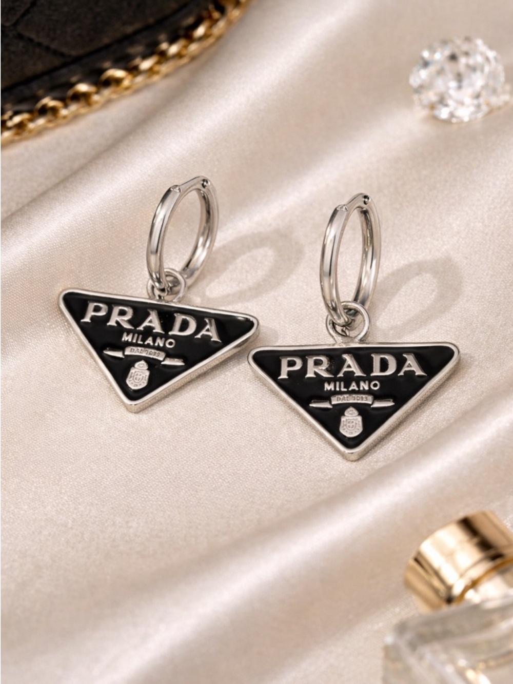 Prada Black Enamel Triangle Logo Hoop Drop Earrings